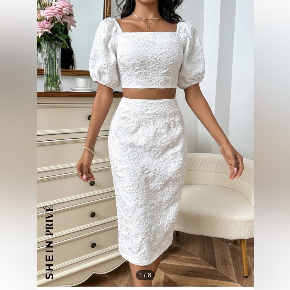 SHEIN Privé Jacquard Square Neck Puff Sleeve Crop Top & Skirt white new set - Picture 5 of 5